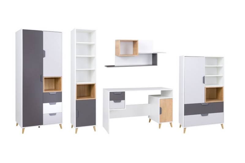Deine Möbel 24 Jugendzimmer-Set JUSTIN A Kinderzimmer-Set in Weiß / Graphit / Grau / Eiche, (Kindermöbel Set, Jugendmöbel Set, 5-tlg., Erweiterbar mit weiteren Elementen der Möbelserie JUSTIN), Inklusive: Kleiderschrank, Regal, Schreibtisch, Kommode und Hängeregal von Deine Möbel 24