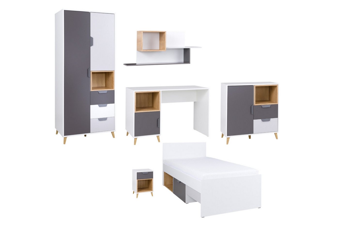 Deine Möbel 24 Jugendzimmer-Set JUSTIN B Kinderzimmer-Set in Weiß Mat / Graphit / Grau / Eiche, (Erweiterbar mit weiteren Möbeln der Serie JUSTIN, 6-tlg., Ideal für Kinder-, Jugend- oder Teenagerzimmer), Kindermöbel Jugendmöbel mit Bett, Kleiderschrank, Schreibtisch & mehr von Deine Möbel 24