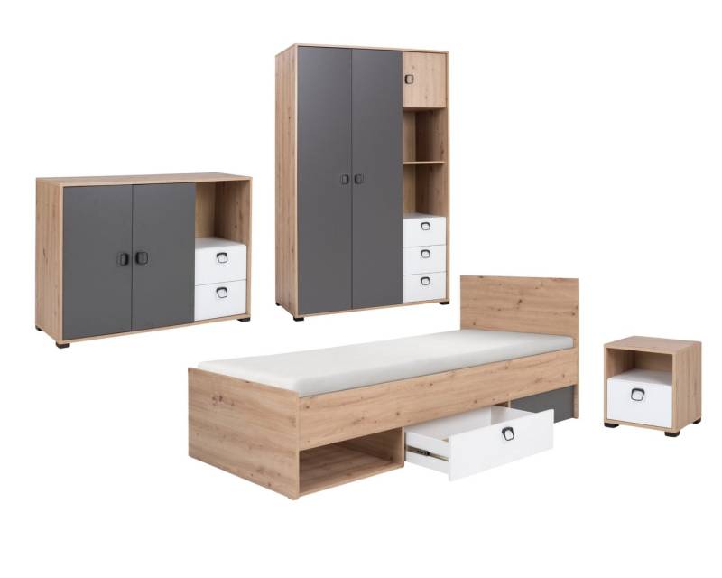 Deine Möbel 24 Jugendzimmer-Set KAMI 2 Jugendzimmer Jugendmöbel Kinderzimmer komplett, (4-tlg., Möbel fü Kinder Jugendliche), Funktionsbett Jugendbett Nachttisch Regal Kommode von Deine Möbel 24