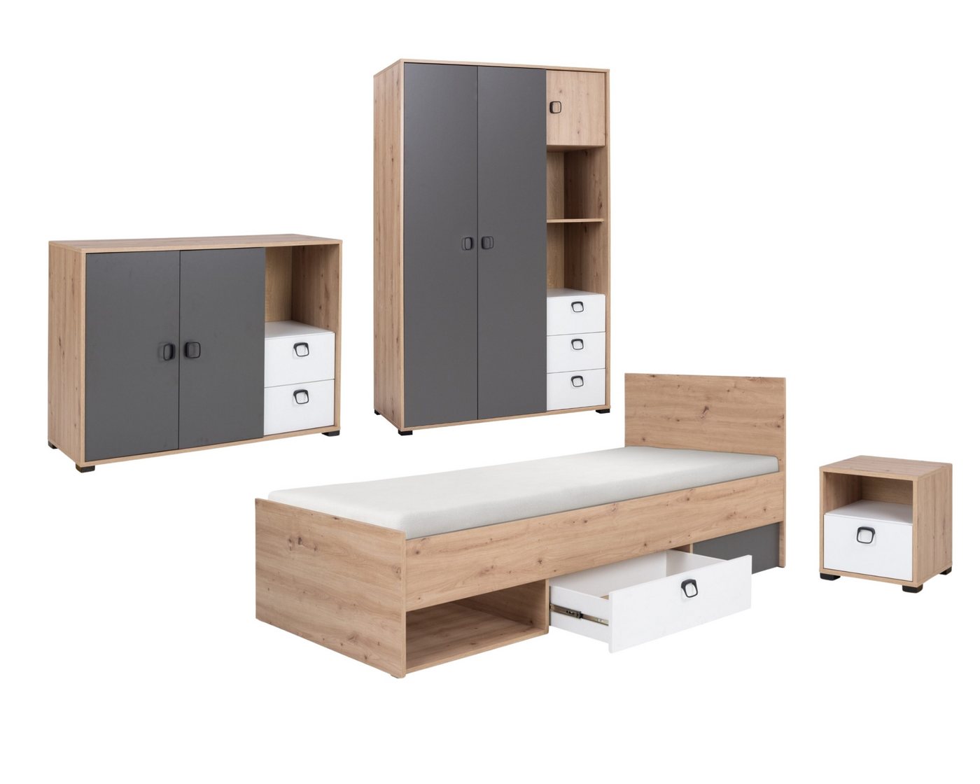 Deine Möbel 24 Jugendzimmer-Set KAMI 2 Jugendzimmer Jugendmöbel Kinderzimmer komplett, (4-tlg., Möbel fü Kinder Jugendliche), Funktionsbett Jugendbett Nachttisch Regal Kommode von Deine Möbel 24