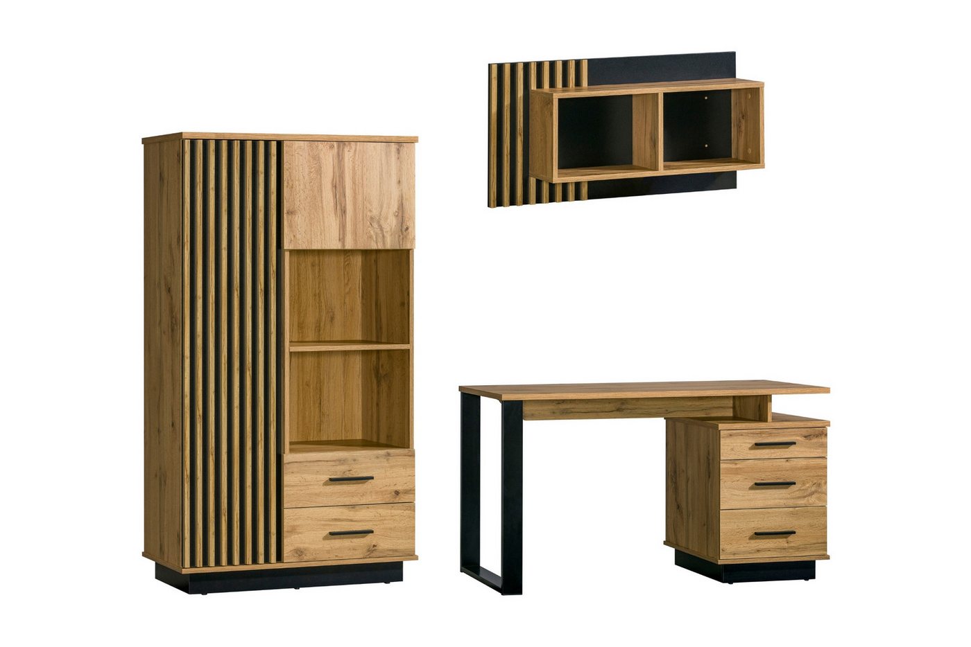 Deine Möbel 24 Jugendzimmer-Set LAMI B Kinderzimmer in Wotan Eiche / Schwarz / Lamellen, (In Scandi- / Industrilalstill, 3-tlg., Kindermöbel in t in Wotan Eiche / Schwarz / mit Lamellen), Viel Stauraum dank Regal, Schreibtisch mit Schubladen & Hängeregal von Deine Möbel 24