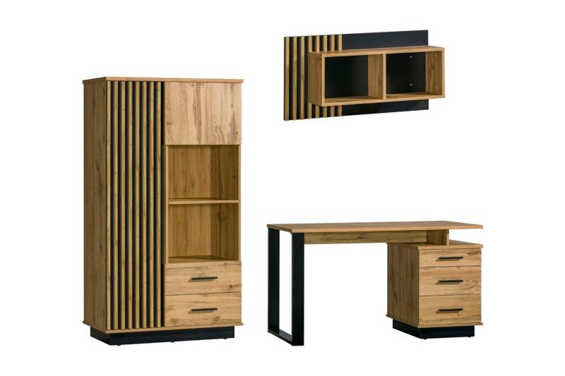 Deine Möbel 24 Jugendzimmer-Set LAMI B Kinderzimmer in Wotan Eiche / Schwarz / Lamellen, (In Scandi- / Industrilalstill, 3-tlg., Kindermöbel in t in Wotan Eiche / Schwarz / mit Lamellen), Viel Stauraum dank Regal, Schreibtisch mit Schubladen & Hängeregal von Deine Möbel 24