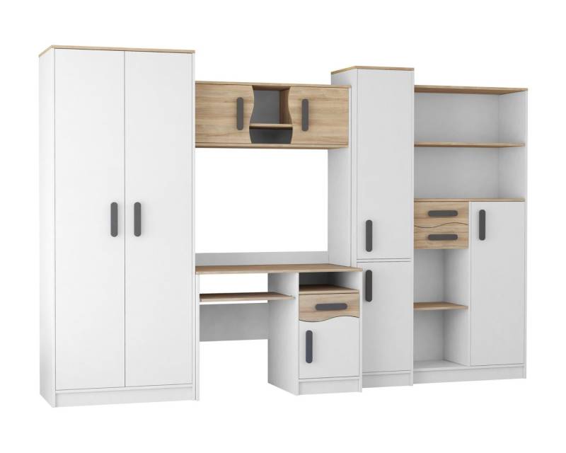 Deine Möbel 24 Jugendzimmer-Set MIKI Jugend-Schrankwand Jugendzimmer Jugendmöbel 5-teilig in Weiß, (Jugendzimmer-Set bestehend aus Schreibtisch, Aufsatz, Kleiderschrank und 2 Regalen, 5-tlg., 5-teiliges Möbelset für das Jugendzimmer), Schreibtisch, Schreibtisch Aufsatz, 2x Regal, Schrank von Deine Möbel 24
