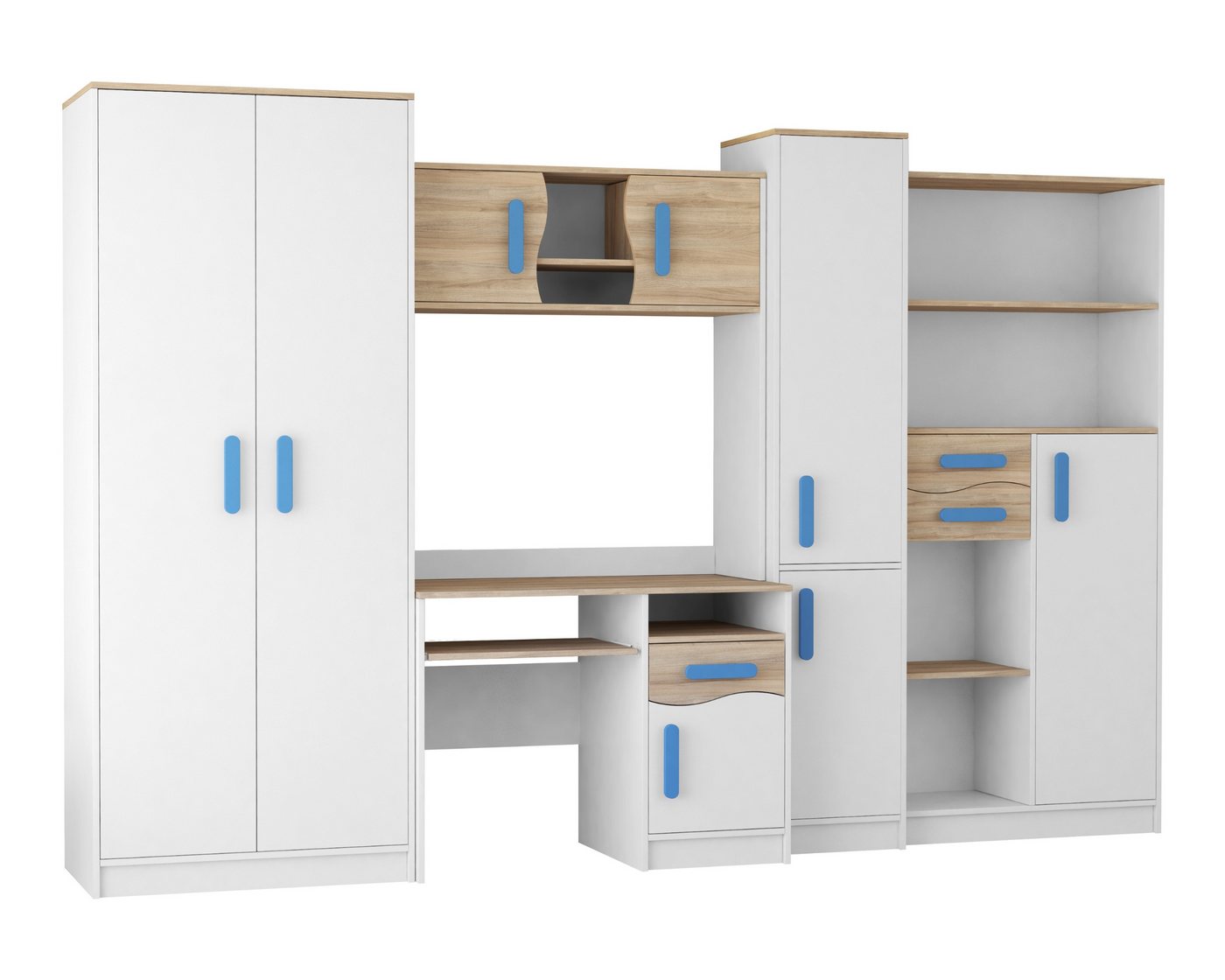 Deine Möbel 24 Jugendzimmer-Set MIKI Jugend-Schrankwand Jugendzimmer Jugendmöbel 5-teilig in Weiß, (5-tlg), Schreibtisch, Schreibtisch Aufsatz, 2x Regal, Schrank von Deine Möbel 24