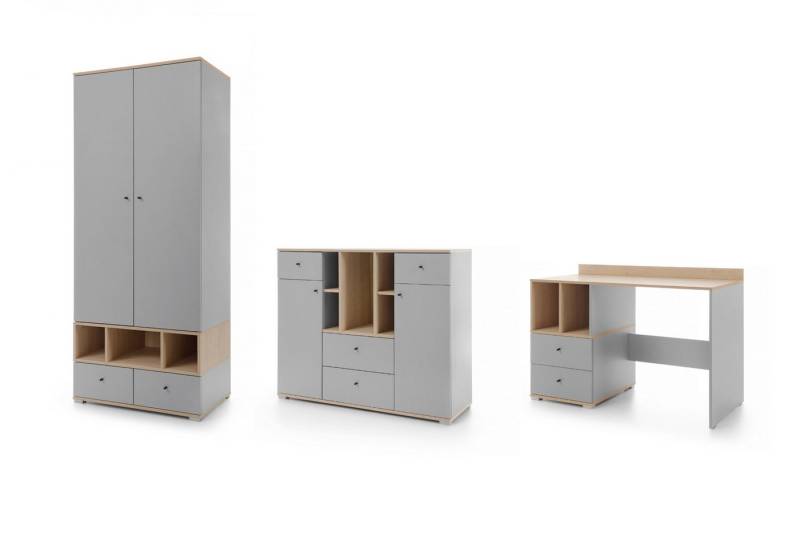 Deine Möbel 24 Jugendzimmer-Set OLAF AA (1+5+4) Kinderzimmer - Set Jugendzimmer, (Set, 3-tlg., Kleiderschrank, Schreibtsich und Kommde Sideboard), OLAF Kollektion Grau Eiche von Deine Möbel 24