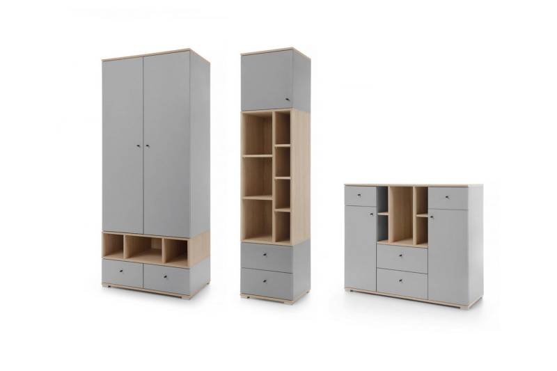 Deine Möbel 24 Jugendzimmer-Set OLAF D (1+3+4) Kinderzimmer - Set Jugendzimmer, (Set, 3-tlg., Kleiderschrank Regal Kommode Sideboard), OLAF Kollektion Grau Eiche von Deine Möbel 24