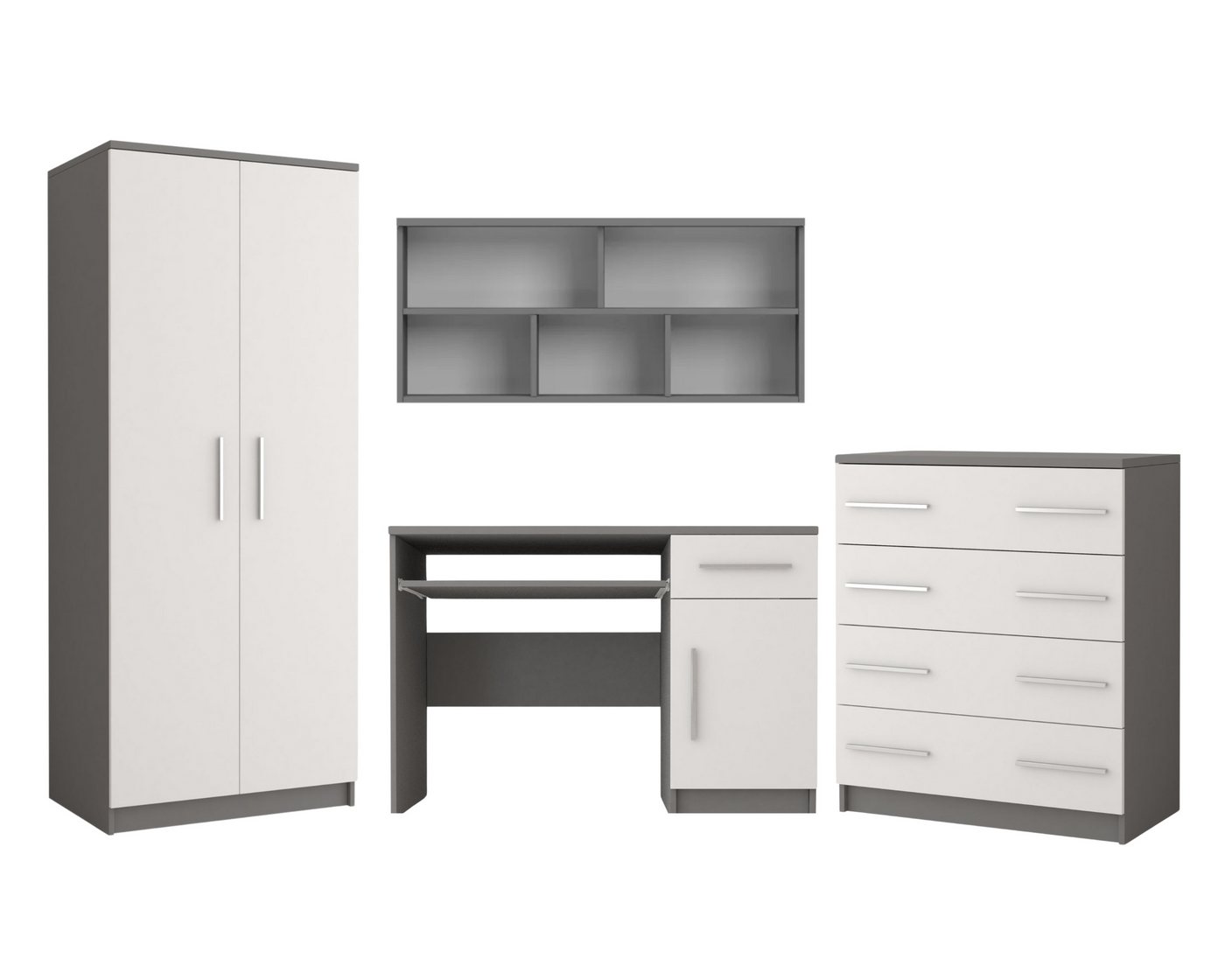 Deine Möbel 24 Jugendzimmer-Set OLMO II Jugendzimmer Jugendmöbel Kinderzimmer komplett 4-teilig, (Set, 4-tlg., Weiß Grau Eiche Sonoma Modernes Möbel-Set für Kinder), Kleiderschrank Schreibtisch Kommode Wandregal Scandi-Still von Deine Möbel 24