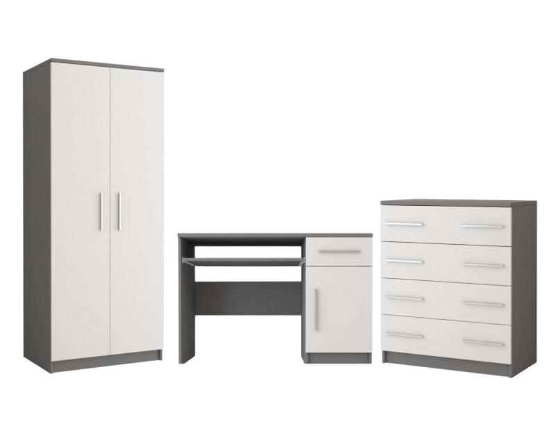 Deine Möbel 24 Jugendzimmer-Set OLMO Jugendzimmer Jugendmöbel Kinderzimmer komplett 3-teilig, (Set, 3-tlg., Weiß Weiß/Grau Weiß/Eiche Sonoma Modernes Möbel-Set für Kinder), Kleiderschrank Schreibtisch Kommode Scandi-Still von Deine Möbel 24