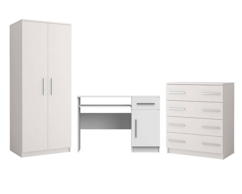 Deine Möbel 24 Jugendzimmer-Set OLMO Jugendzimmer Jugendmöbel Kinderzimmer komplett 3-teilig, (Set, 3-tlg., Weiß Weiß/Grau Weiß/Eiche Sonoma Modernes Möbel-Set für Kinder), Kleiderschrank Schreibtisch Kommode Scandi-Still von Deine Möbel 24