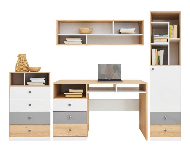 Deine Möbel 24 Jugendzimmer-Set POKO 1 mit Schreibtisch, Regal, Kommode und Hängeregal, (4-tlg., 4-teilig), in Biskuiteiche / Weiß Lux / Grau von Deine Möbel 24