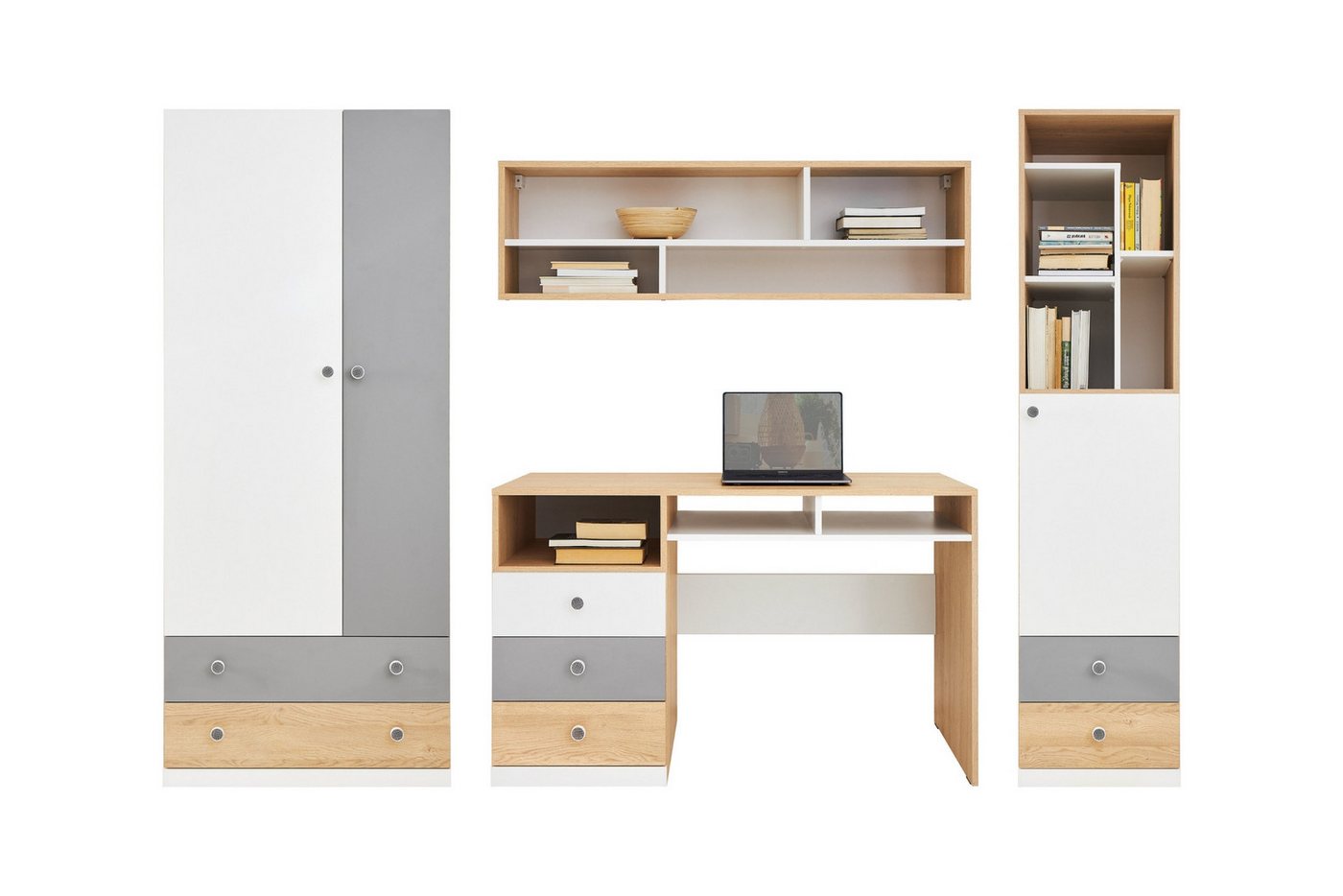 Deine Möbel 24 Jugendzimmer-Set POKO 2 mit Kleiderschrank, Schreibtisch, Regal und Hängeregal, (4-tlg., 4-teilig), in Biskuiteiche / Weiß Lux / Grau von Deine Möbel 24