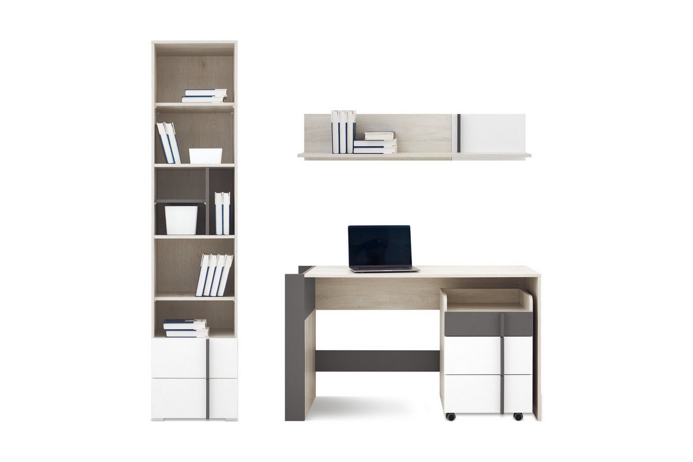 Deine Möbel 24 Jugendzimmer-Set REMI D Kinderzimmer-Set Kindermöbel Möbel, (5+10+11+13), 4-tlg., Regal, Schreibtisch, Container, Hängeregal), REMI Kollektion Kinderzimmer Jugendzimmer Weiß Holz Anthrazit von Deine Möbel 24