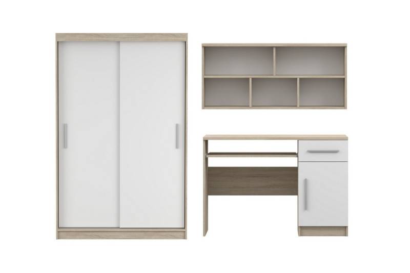 Deine Möbel 24 Jugendzimmer-Set TILL 04 – Möbel Set in Weiß Matt oder Sonoma Eiche, (Set, 3-tlg., inkl. Kleiderschrank, Schreibtisch und Wandregal), Modernes Set mit Kleiderschrank, Schreibtisch & Wandregal von Deine Möbel 24