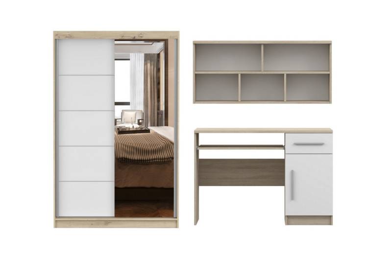 Deine Möbel 24 Jugendzimmer-Set TILL 05 mit Schiebetürenschrank, Schreibtisch und Wandregal, (Set, 3-tlg., Kindermöbel, Möbel für Kinder & Teenager), in Weiß matt oder Sonoma Eiche/Weiß von Deine Möbel 24