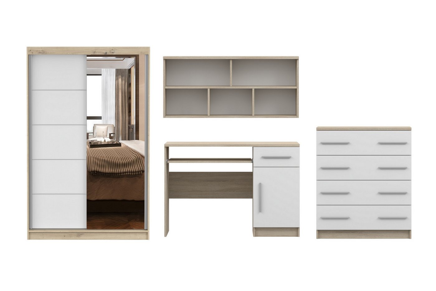 Deine Möbel 24 Jugendzimmer-Set TILL PLUS 05 Möbel Set in Weiß Matt oder Eiche Sonoma, (Set, 4-tlg., ideale Möbel für Kinder und Jugendliche), Modernes Set, Kleiderschrank, Schreibtisch, Kommode & Wandregal von Deine Möbel 24
