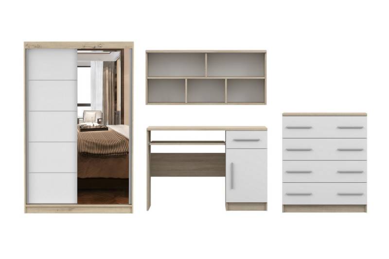 Deine Möbel 24 Jugendzimmer-Set TILL PLUS 05 Möbel Set in Weiß Matt oder Eiche Sonoma, (Set, 4-tlg., ideale Möbel für Kinder und Jugendliche), Modernes Set, Kleiderschrank, Schreibtisch, Kommode & Wandregal von Deine Möbel 24