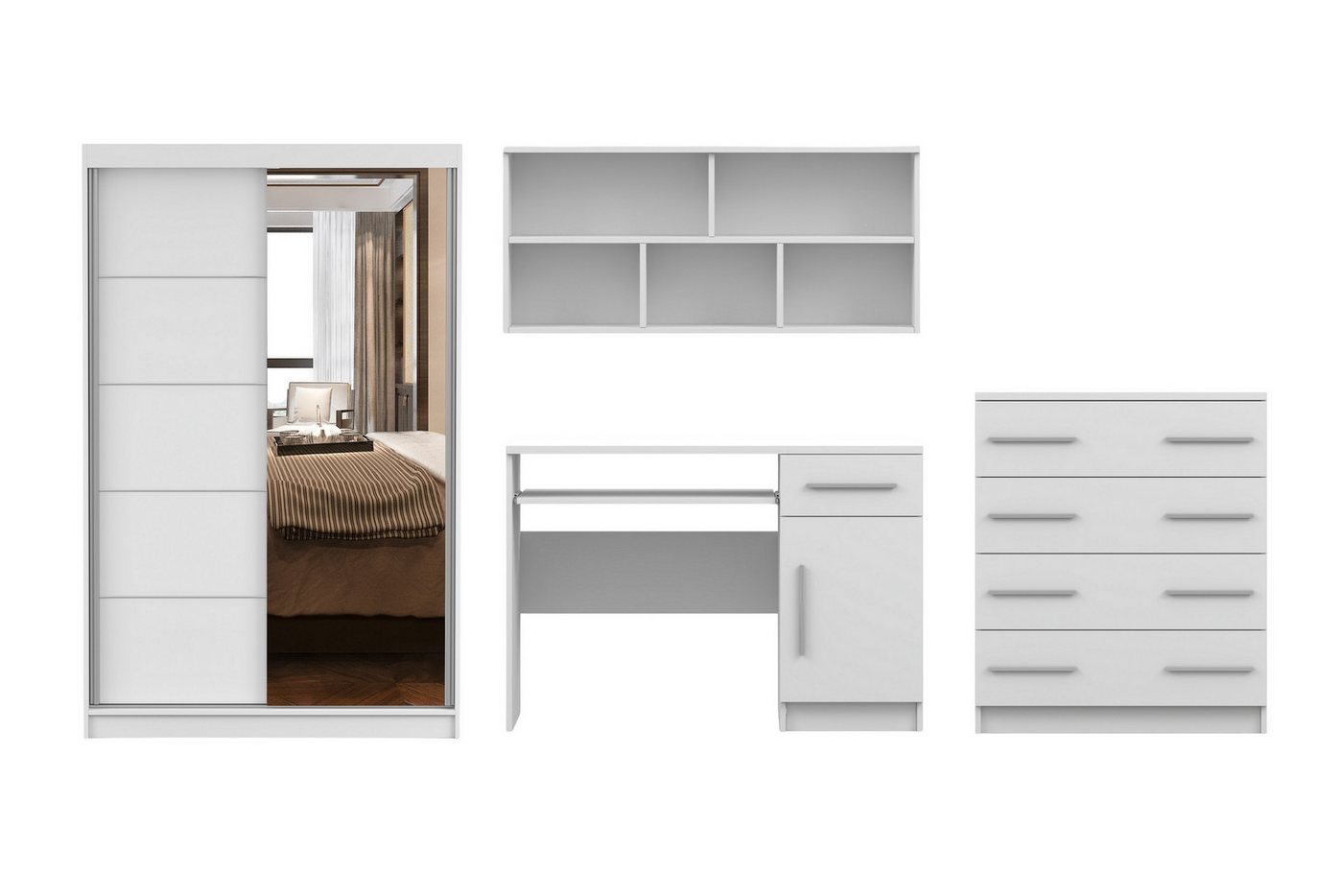 Deine Möbel 24 Jugendzimmer-Set TILL PLUS 05 Möbel Set in Weiß Matt oder Eiche Sonoma, (Set, 4-tlg., ideale Möbel für Kinder und Jugendliche), Modernes Set, Kleiderschrank, Schreibtisch, Kommode & Wandregal von Deine Möbel 24