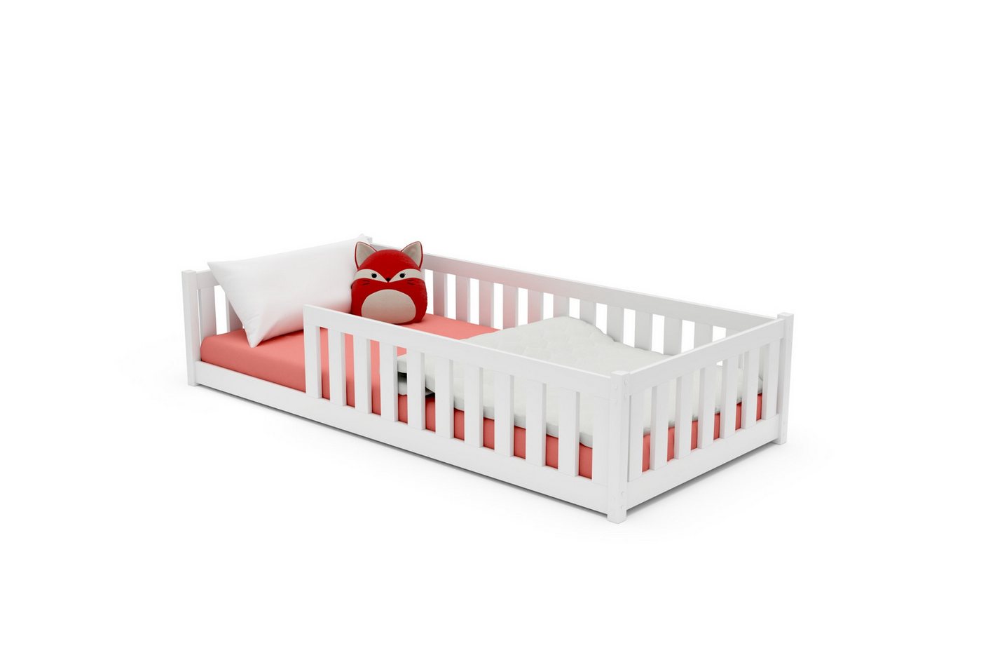 Deine Möbel 24 Kinderbett BELMO Bodenbett Montessori Bett Kinder (Set, 3-tlg., inkl. Lattenrost Rausfallschutz), aus Massivholz Kiefernholz 80x180 90x200 Weiß Natur Kiefer von Deine Möbel 24