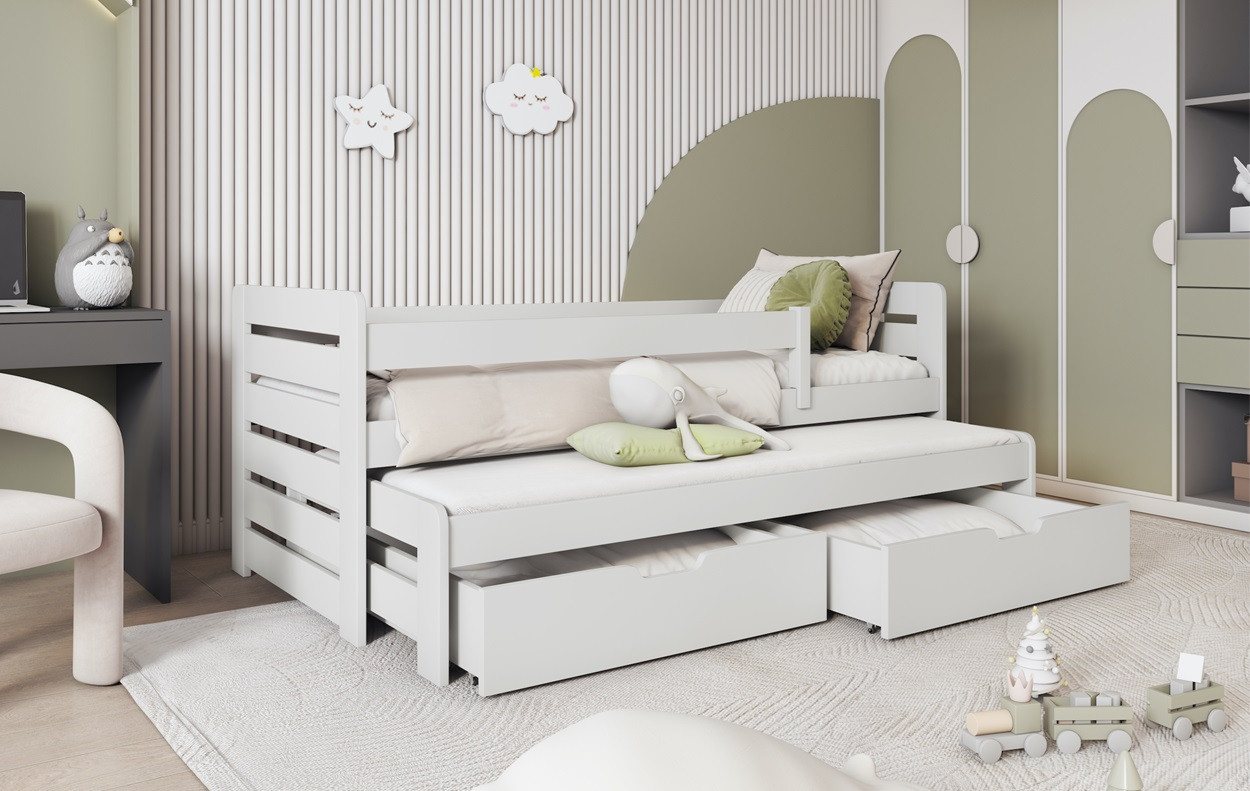 Deine Möbel 24 Kinderbett TED II Funtionsbett Ausziehbett für 2 Kinder 90x200 Weiß Grau Graphit (Matratzen optional, 3-tlg., Bett mit Lattenrost, 2 Schubladen, abnehmbarer Rausfallschutz), mit 2 Schubladen, inkl. Lattenrost, aus Massivholz Kiefernholz von Deine Möbel 24