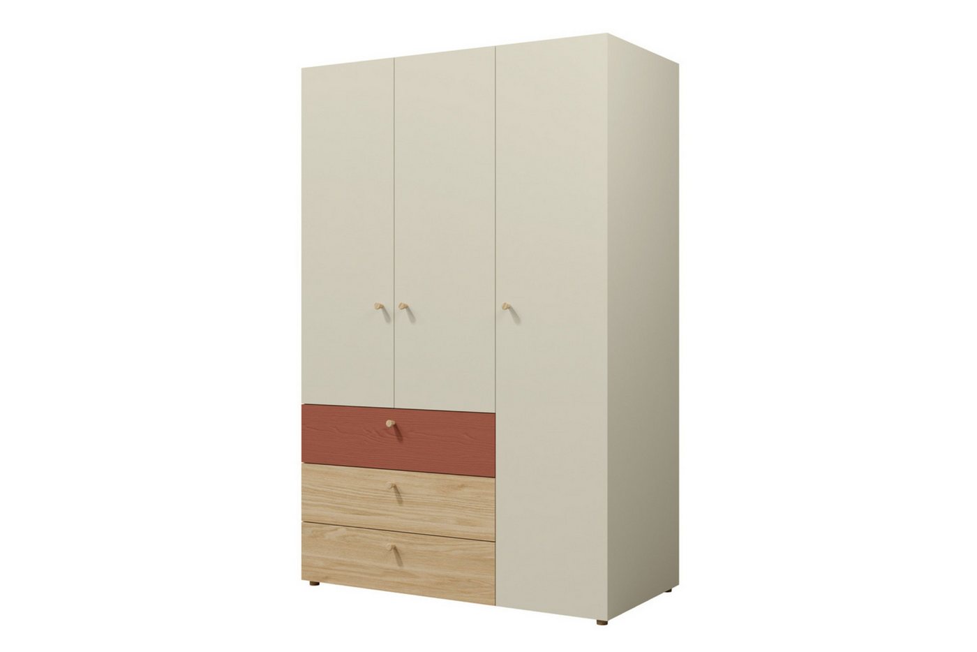 Deine Möbel 24 Kinderkleiderschrank YOGI 01 Kleiderschrank Drehtürenschrank 120 cm (Set, 4-St., 3-türig inkl. 3 Schubladen) Kinderzimmer Jugendzimmer Graubeige Geölte Eiche Eukalyptus Koralle von Deine Möbel 24
