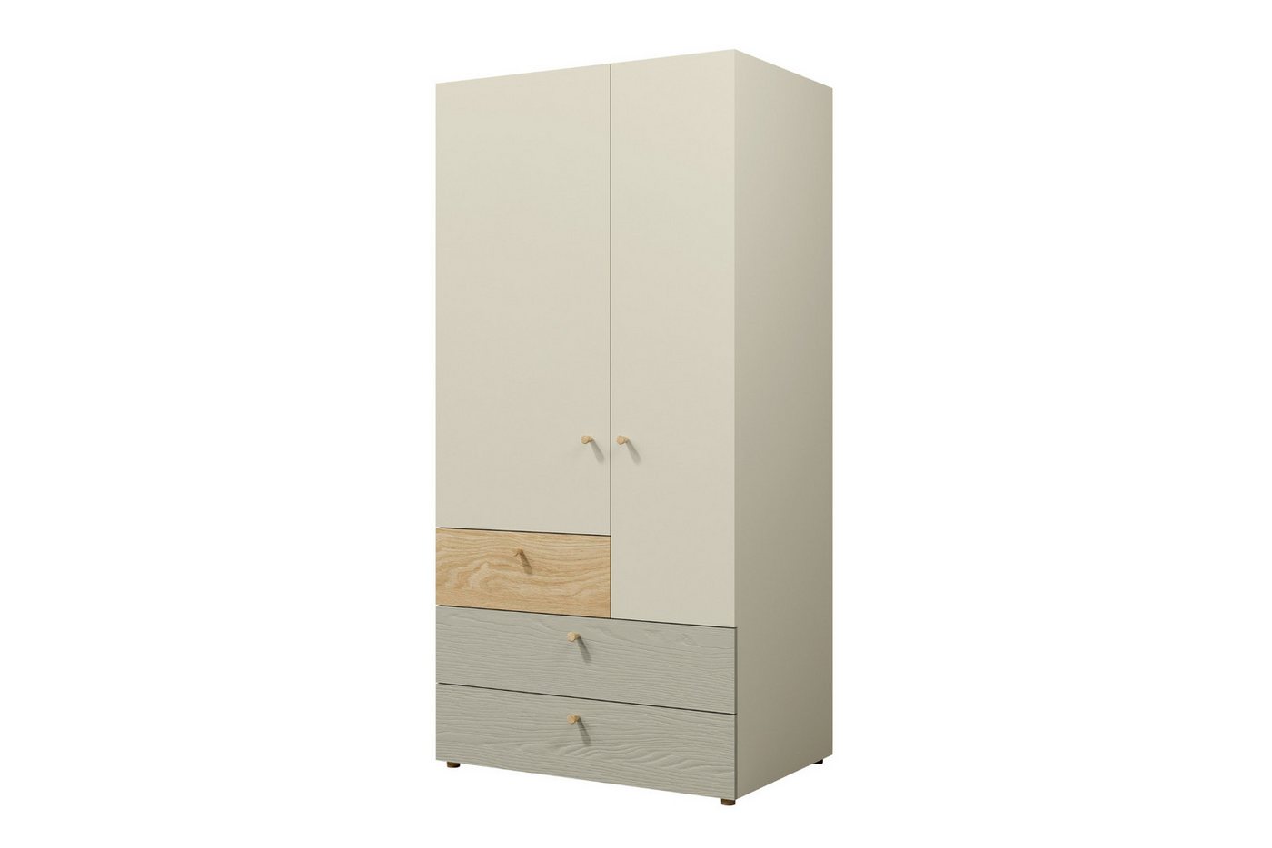 Deine Möbel 24 Kinderkleiderschrank YOGI 02 Kleiderschrank Drehtürenschrank 90 cm (Set, 3-St., 2-türig inkl. 3 Schubladen) Kinderzimmer Jugendzimmer Graubeige Geölte Eiche Eukalyptus Koralle von Deine Möbel 24