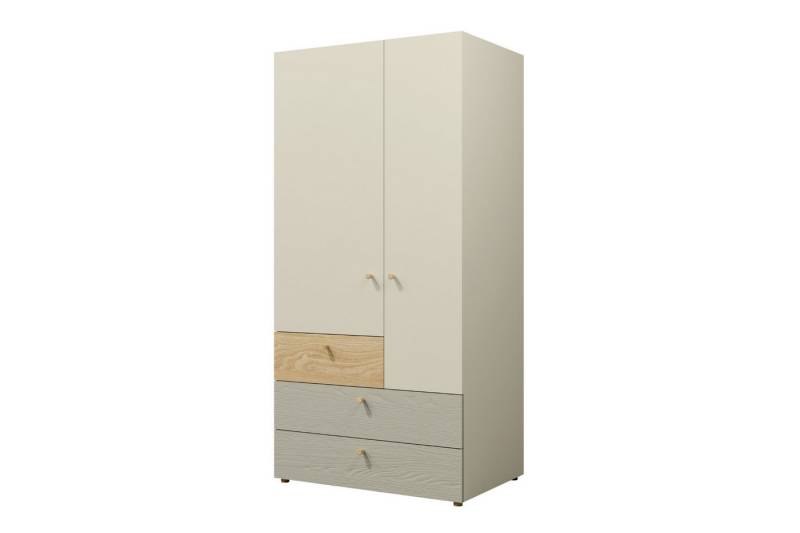 Deine Möbel 24 Kinderkleiderschrank YOGI 02 Kleiderschrank Drehtürenschrank 90 cm (Set, 3-St., 2-türig inkl. 3 Schubladen) Kinderzimmer Jugendzimmer Graubeige Geölte Eiche Eukalyptus Koralle von Deine Möbel 24