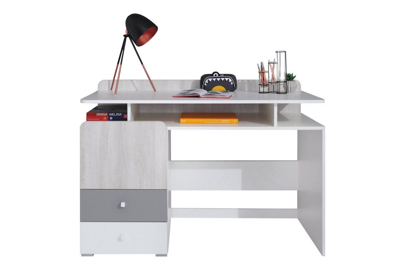 Deine Möbel 24 Kinderschreibtisch CLARA 09 Schreibisch in Weiß Lux / Eiche Wilton / Grau (Set, 1-St., CLARA-Kollektion), Robuste, pflegeleichte Möbelplatten für eine lange Lebensdauer von Deine Möbel 24
