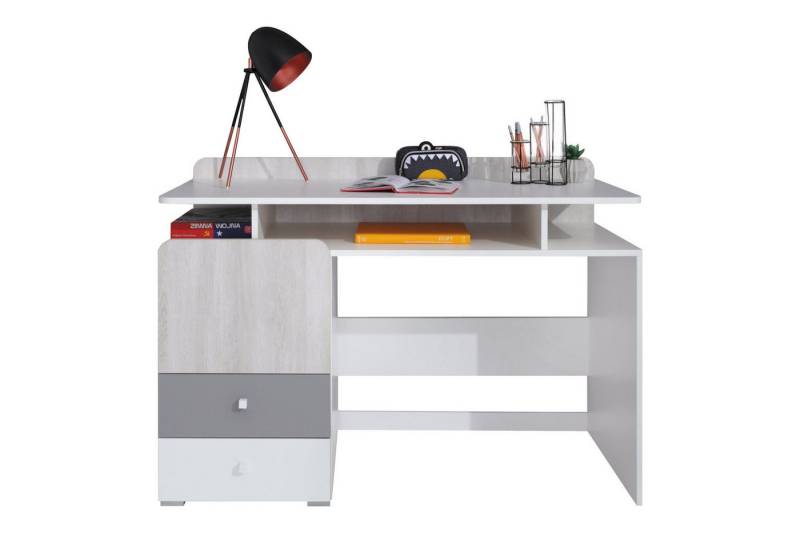 Deine Möbel 24 Kinderschreibtisch CLARA 09 Schreibisch in Weiß Lux / Eiche Wilton / Grau (Set, 1-St., CLARA-Kollektion), Robuste, pflegeleichte Möbelplatten für eine lange Lebensdauer von Deine Möbel 24