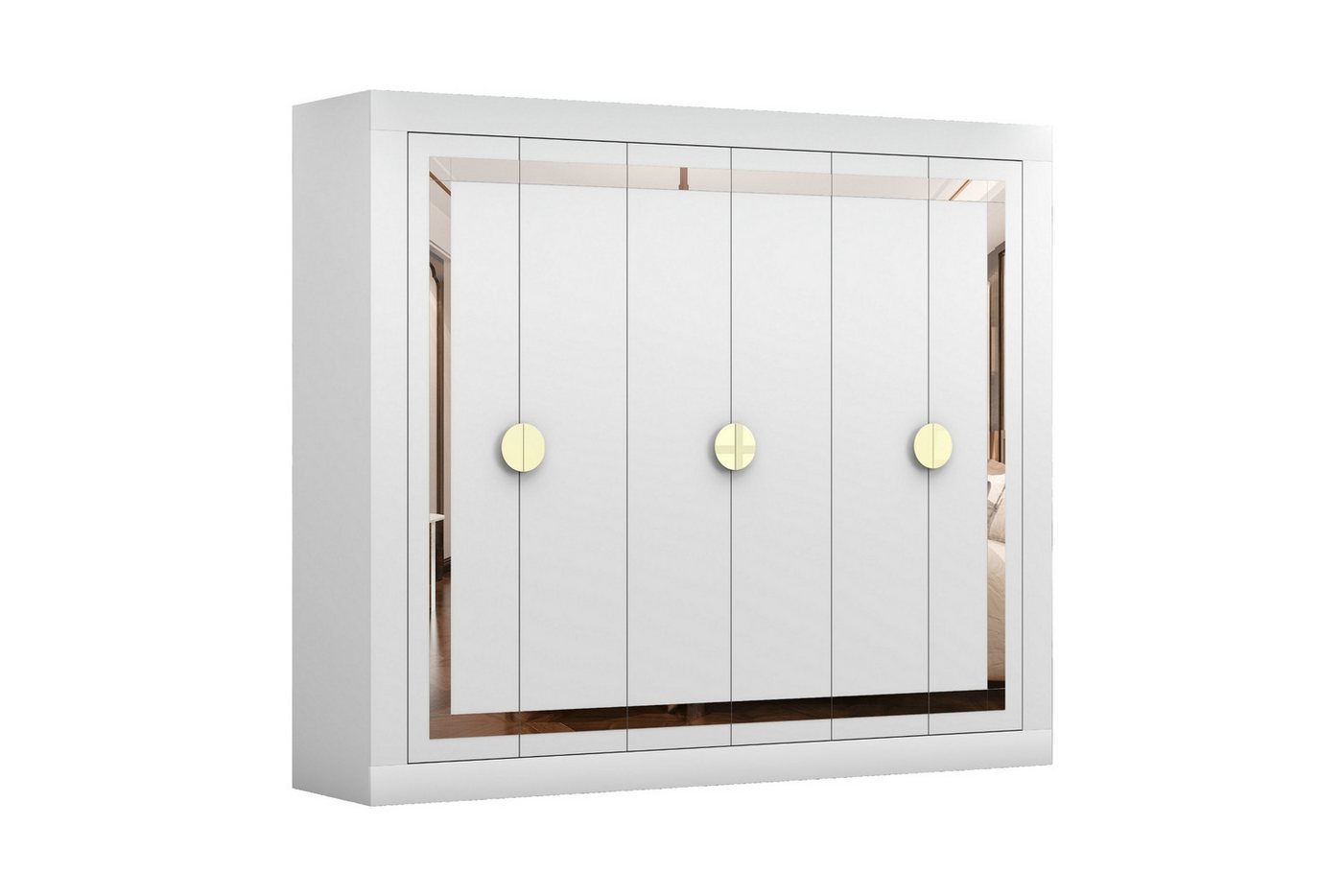 Deine Möbel 24 Kleiderschrank GOLDEN 6D 230 cm breit in Weiß/Gold (Einzelmöbel, Teil der GOLDEN-Kollektion) Dekoratives Spiegelelement, goldfarbene Griffe, klassische Drehtüren von Deine Möbel 24