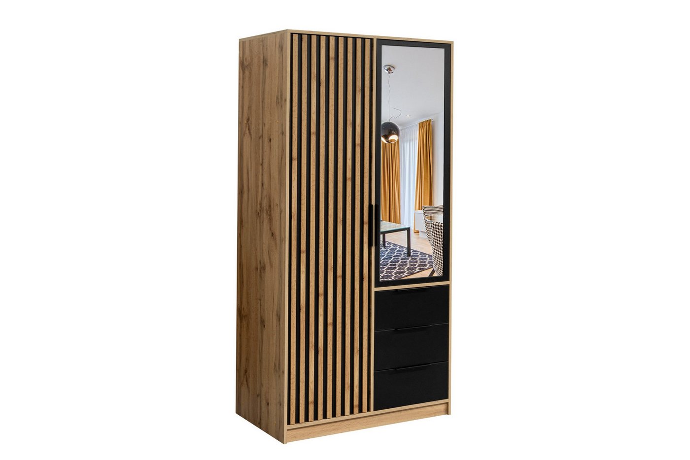 Deine Möbel 24 Kleiderschrank LABOO LUX D2 100 cm mit Spiegel, Drehtüren, Lamellen & Schubladen – (Set, 1-St., Farben: Eiche Wotan oder Weiß matt) Kompakte Maße – ideal für kleine Räume, Flur oder Gästezimmer von Deine Möbel 24
