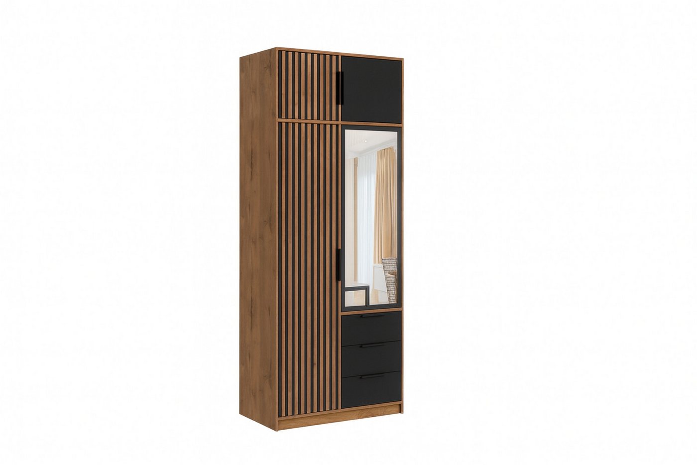 Deine Möbel 24 Kleiderschrank LABOO LUX D2 100 cm mit Spiegel, Drehtüren, Lamellen & Schubladen – (Set, 1-St., Farben: Eiche Wotan oder Weiß matt) Kompakte Maße – ideal für kleine Räume, Flur oder Gästezimmer von Deine Möbel 24
