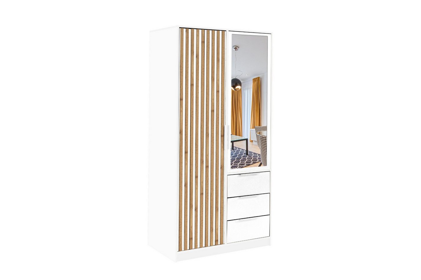 Deine Möbel 24 Kleiderschrank LABOO LUX D2 100 cm mit Spiegel, Drehtüren, Lamellen & Schubladen – (Set, 1-St., Farben: Eiche Wotan oder Weiß matt) Kompakte Maße – ideal für kleine Räume, Flur oder Gästezimmer von Deine Möbel 24