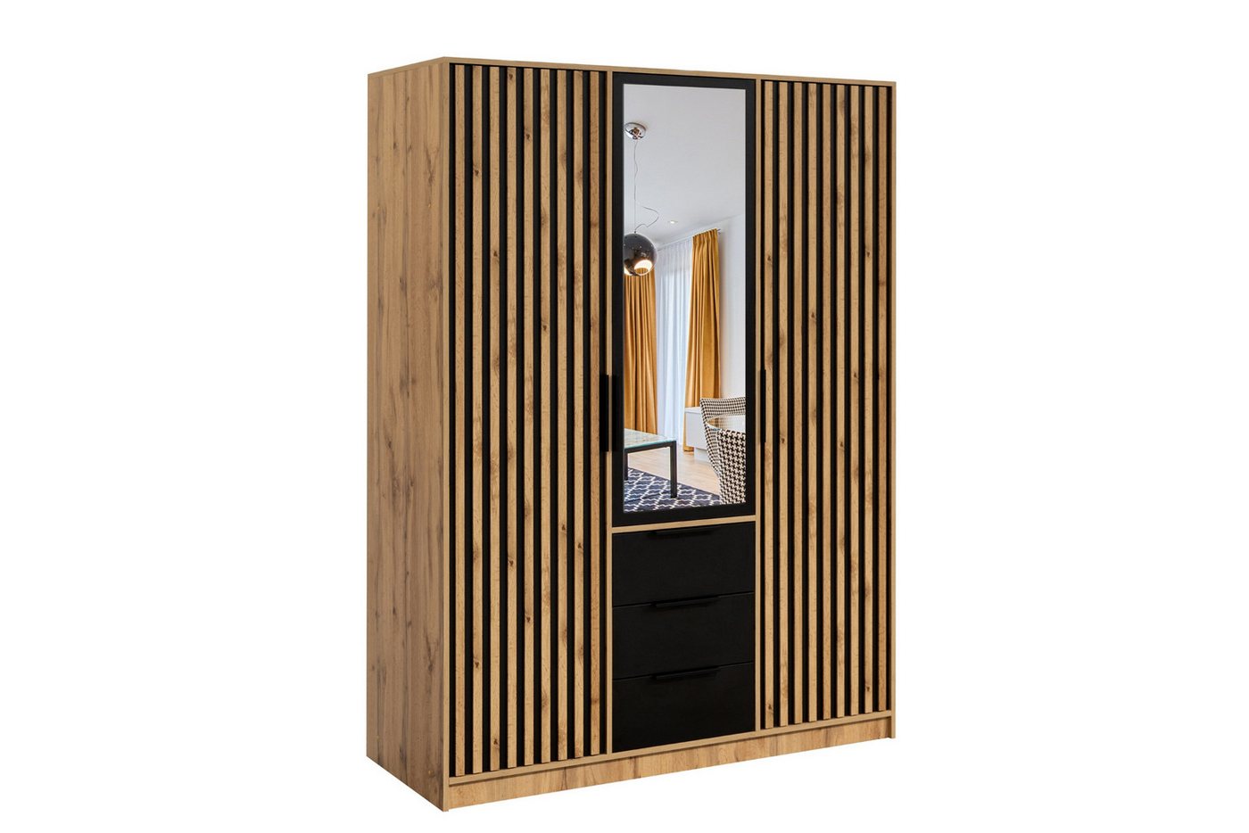 Deine Möbel 24 Kleiderschrank LABOO LUX D3 Kleiderschrank 150 cm mit Spiegel und 3 Schubladen (Set, 1-St., Farben: Eiche Wotan oder Weiß matt) Drehtürenschrank mit Lamellen, optional mit Aufsatz erhältlich von Deine Möbel 24