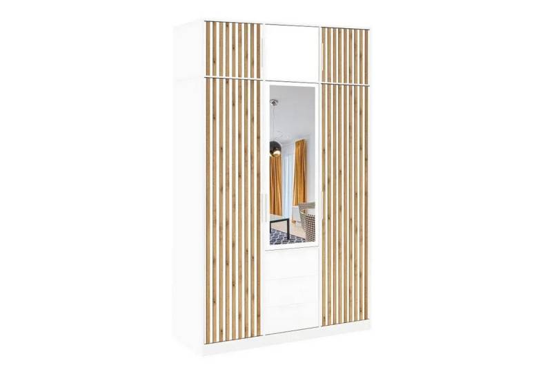 Deine Möbel 24 Kleiderschrank LABOO LUX D3 Kleiderschrank 150 cm mit Spiegel und 3 Schubladen (Set, 1-St., Farben: Eiche Wotan oder Weiß matt) Drehtürenschrank mit Lamellen, optional mit Aufsatz erhältlich von Deine Möbel 24
