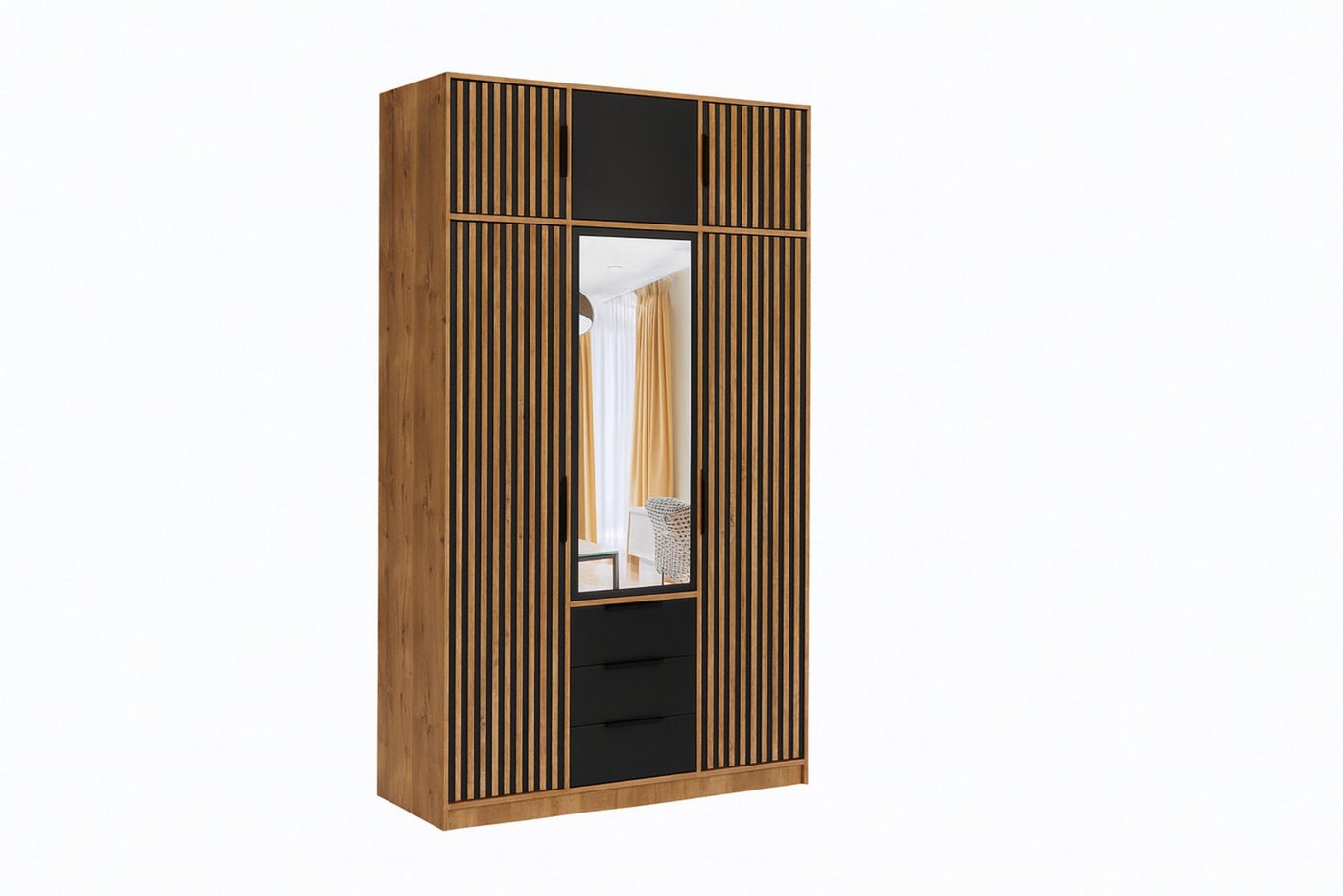 Deine Möbel 24 Kleiderschrank LABOO LUX D3 Kleiderschrank 150 cm mit Spiegel und 3 Schubladen (Set, 1-St., Farben: Eiche Wotan oder Weiß matt) Drehtürenschrank mit Lamellen, optional mit Aufsatz erhältlich von Deine Möbel 24