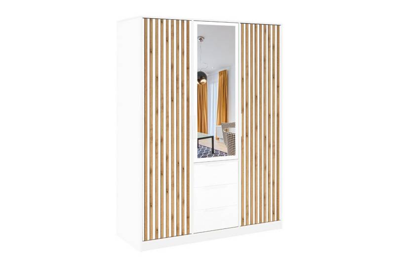 Deine Möbel 24 Kleiderschrank LABOO LUX D3 Kleiderschrank 150 cm mit Spiegel und 3 Schubladen (Set, 1-St., Farben: Eiche Wotan oder Weiß matt) Drehtürenschrank mit Lamellen, optional mit Aufsatz erhältlich von Deine Möbel 24