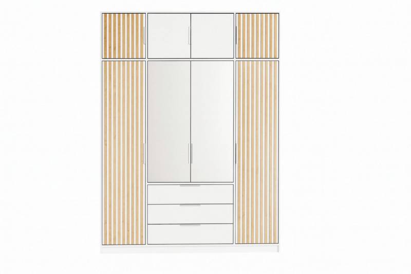 Deine Möbel 24 Kleiderschrank LABOO LUX D4 Drehtürenschrank 196 cm breit mit Spiegel und Schubladen (Set, 1-St., LABOO LUX - Kollektion) Lamellenoptik in Eiche Wotan/Schwarz/Weiß, optional mit Aufsatz von Deine Möbel 24