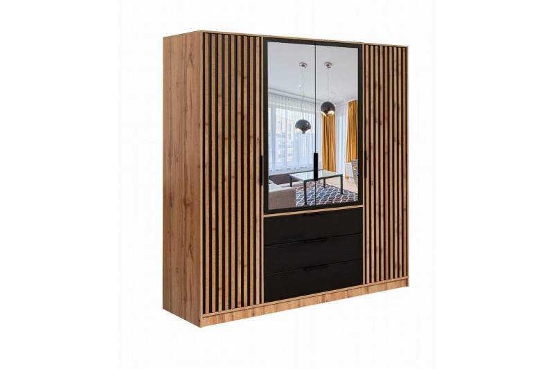 Deine Möbel 24 Kleiderschrank LABOO LUX D4 Drehtürenschrank 196 cm breit mit Spiegel und Schubladen (Set, 1-St., LABOO LUX - Kollektion) Lamellenoptik in Eiche Wotan/Schwarz/Weiß, optional mit Aufsatz von Deine Möbel 24