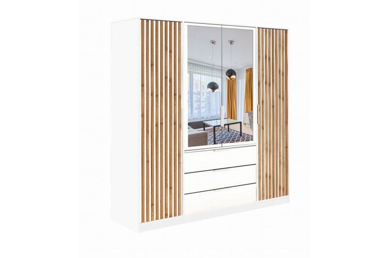 Deine Möbel 24 Kleiderschrank LABOO LUX D4 Drehtürenschrank 196 cm breit mit Spiegel und Schubladen (Set, 1-St., LABOO LUX - Kollektion) Lamellenoptik in Eiche Wotan/Schwarz/Weiß, optional mit Aufsatz von Deine Möbel 24