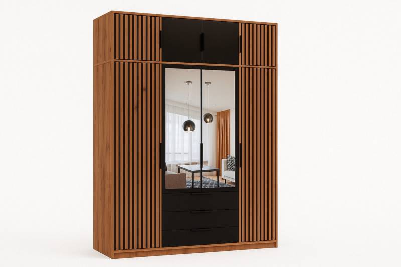 Deine Möbel 24 Kleiderschrank LABOO LUX D4 Drehtürenschrank 196 cm breit mit Spiegel und Schubladen (Set, 1-St., LABOO LUX - Kollektion) Lamellenoptik in Eiche Wotan/Schwarz/Weiß, optional mit Aufsatz von Deine Möbel 24