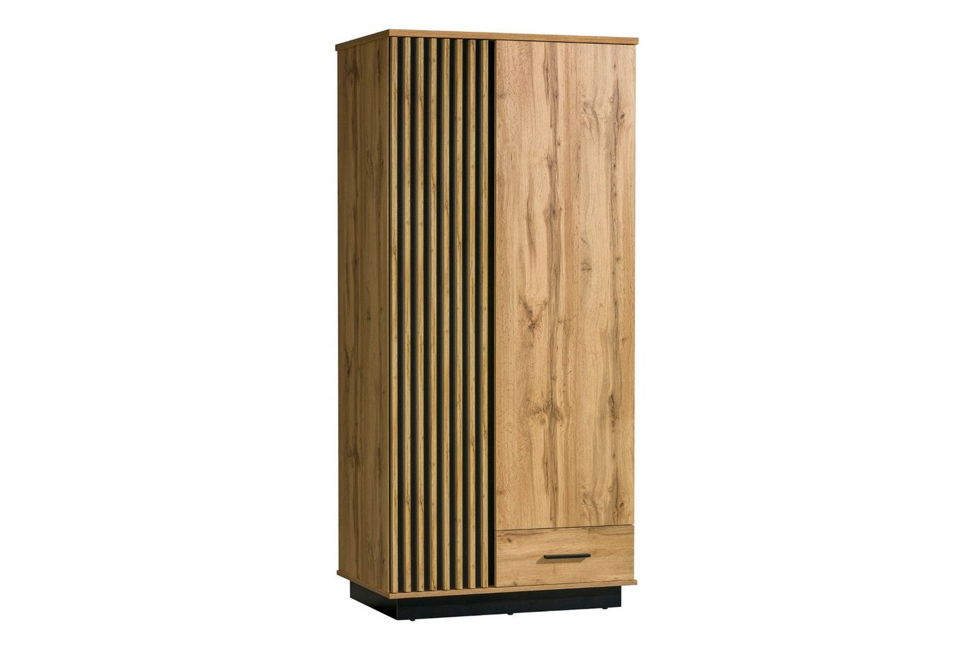 Deine Möbel 24 Kleiderschrank LAMI 1 90 cm breit, in Wotan Eiche / Schwarz Matt und Lamellen (LAMI - Kollektion, 1-St., Perfekt geeignet für Schlafzimmer, Jugendzimmer oder Gästezimmer) Moderner Drehtürenschrank mit 2 Türen und 1 Schublade von Deine Möbel 24