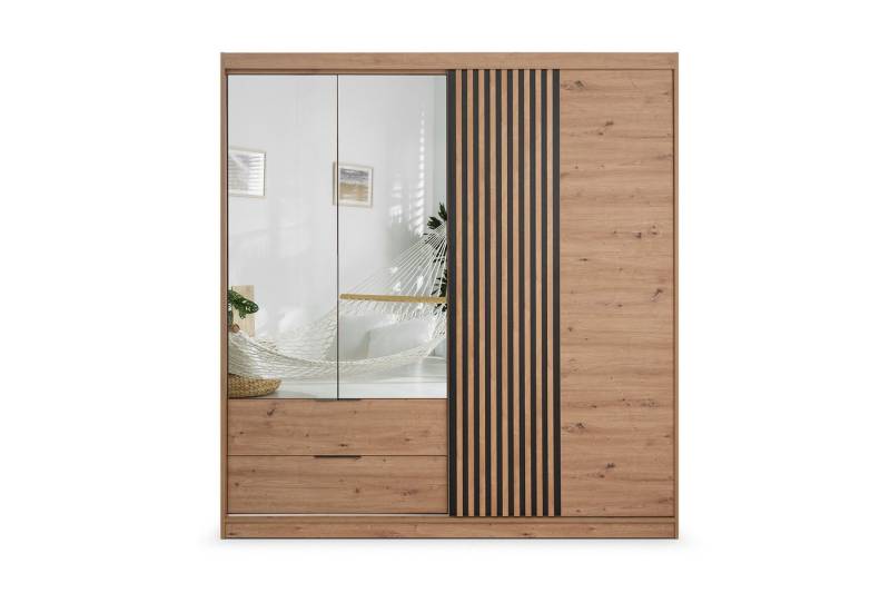 Deine Möbel 24 Kleiderschrank MAROKO 203 cm, Schiebetüren, Spiegel, Artisan Eiche / Weiß matt (Perfekter Drehtürenschrank Schwebetürenschrank für Flur, Garderobe, Schlafzimmer, 1-St., Pflegeleichte, robuste Oberfläche (Laminatplatte, 16 mm) 2 Kleiderstangen, Ablagefächer, 2 Schubladen für optimale Ordnung von Deine Möbel 24