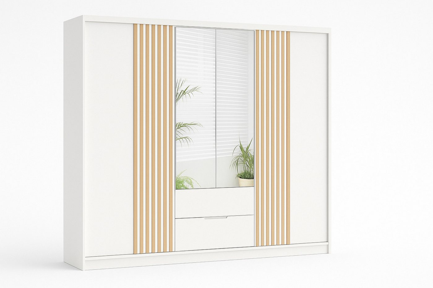 Deine Möbel 24 Kleiderschrank MAROKO 250 cm mit Spiegel, Schiebetüren, Lamellen & Schubladen (Pflegeleichte, robuste Oberfläche (Laminatplatte, 16 mm), 1-St., Perfekter Schwebetürenschrank für Flur, Garderobe, Schlafzimmer) Drehtürenschrank in Artisan Eiche / Weiß matt von Deine Möbel 24