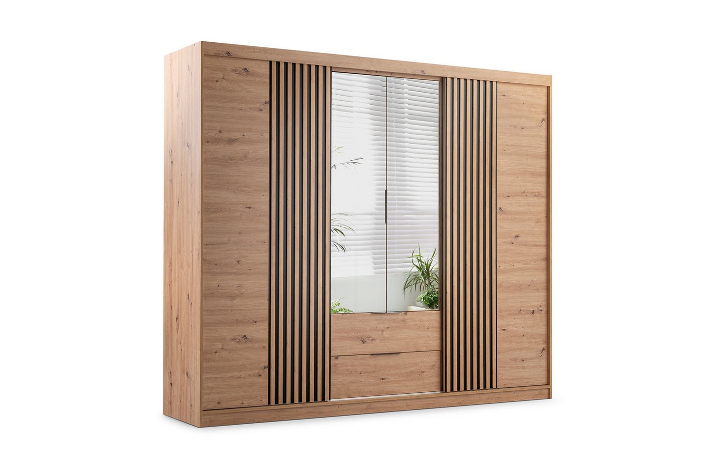 Deine Möbel 24 Kleiderschrank MAROKO 250 cm mit Spiegel, Schiebetüren, Lamellen & Schubladen (Pflegeleichte, robuste Oberfläche (Laminatplatte, 16 mm), 1-St., Perfekter Schwebetürenschrank für Flur, Garderobe, Schlafzimmer) Drehtürenschrank in Artisan Eiche / Weiß matt von Deine Möbel 24