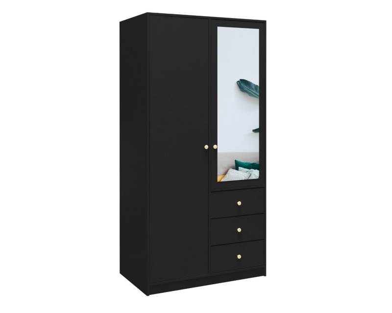Deine Möbel 24 Kleiderschrank SEATTLE D2 Kleiderschrank mit Schubladen mit 2 Drehtüren 3 Schubladen (Elegantes Klassiches Design, 1-St., Kleiderschrank 2-türig Weiß Matt Schwarz Matt 100 cm) Flurschrank Garderobenschrank Schlafzimmerschrank mit Spiegel von Deine Möbel 24