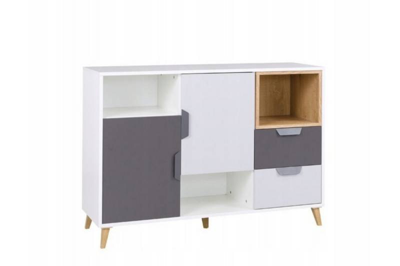 Deine Möbel 24 Kommode JUSTIN 7 Kommode Jugendkommode Sideboard 120 cm breit (Set, 2 St., für Jugendzimmer Kinderzimmer Schlafzimmer Wohnzimmer), in Weiß Matt / Graphit / Grau / Eiche Scandi Still inkl. Schubladen von Deine Möbel 24