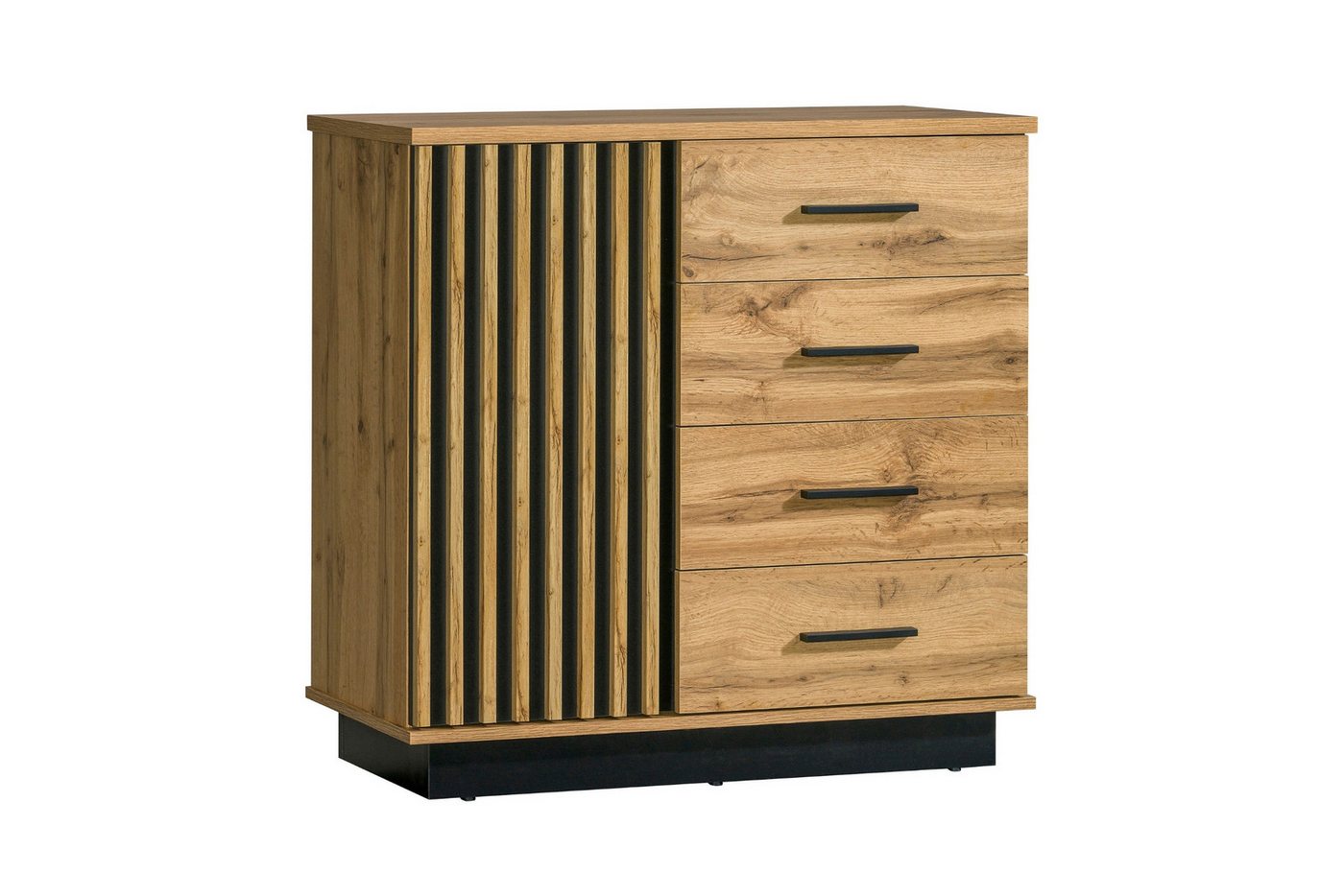 Deine Möbel 24 Kommode LAMI 5 Sideboard in Wotan Eiche & Schwarz Matt mit Lamellen (LAMI - Kollektion, 1 St., ideal für Kinderzimmer Jugendzimmer Schlafzimmer Wohnzimmer), Kinderkommode mit 4 Schubladen & 1 Tür von Deine Möbel 24