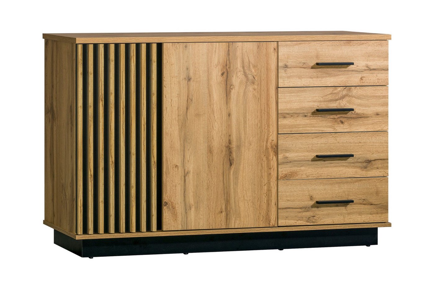 Deine Möbel 24 Kommode LAMI 6 Sideboard in Wotan Eiche / Schwarz Matt mit Lamellen (LAMI - Kollektion, 1 St., ideal für Schlafzimmer Wohnzimmer Flur Jugendzimmer), Sideboard mit 2 Türen & 4 Schubladen von Deine Möbel 24