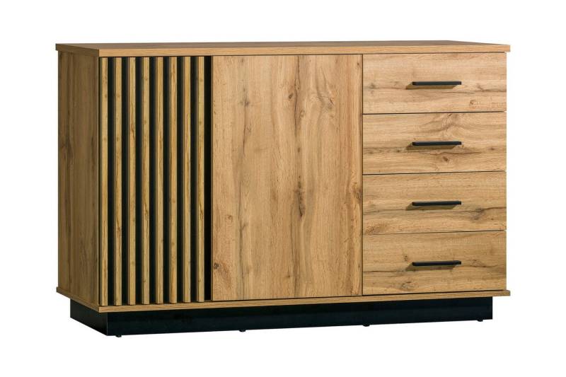 Deine Möbel 24 Kommode LAMI 6 Sideboard in Wotan Eiche / Schwarz Matt mit Lamellen (LAMI - Kollektion, 1 St., ideal für Schlafzimmer Wohnzimmer Flur Jugendzimmer), Sideboard mit 2 Türen & 4 Schubladen von Deine Möbel 24