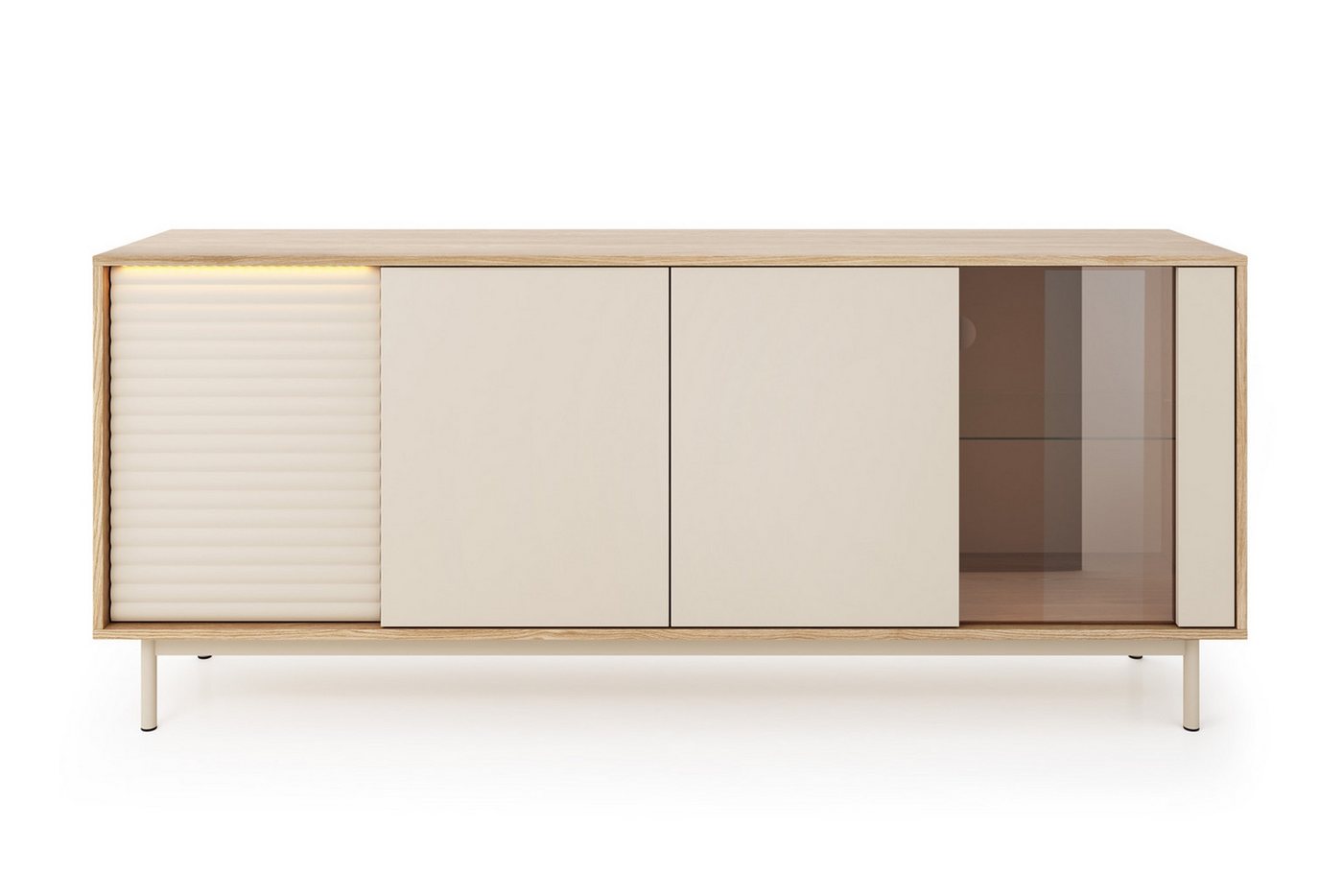 Deine Möbel 24 Kommode TOGY 02 184cm breit mit LED-Beleuchtung (Wohnzimmer-Set, 1 St., Teil einer modernen Wohnzimmermöbel-Kollektion), teilweise Glasfront, integrierte LED-Beleuchtung, geriffelte Fronten von Deine Möbel 24